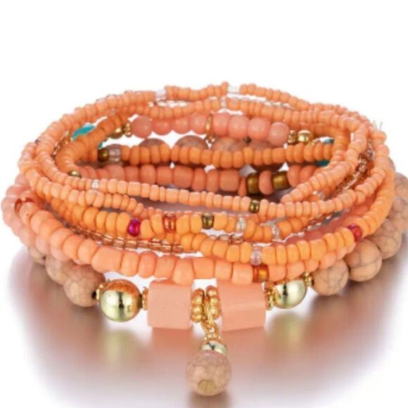 Stackable Bead Bracelets Pink Tone Stretch Multilayer Bracelet Set - Picture 1 of 6